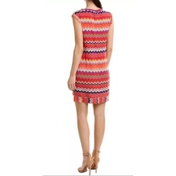 Trina Turk Multi Zinnia Zig Zag Printed Sheath Dress Colorful Capsleeve Retro M - Picture 2 of 12